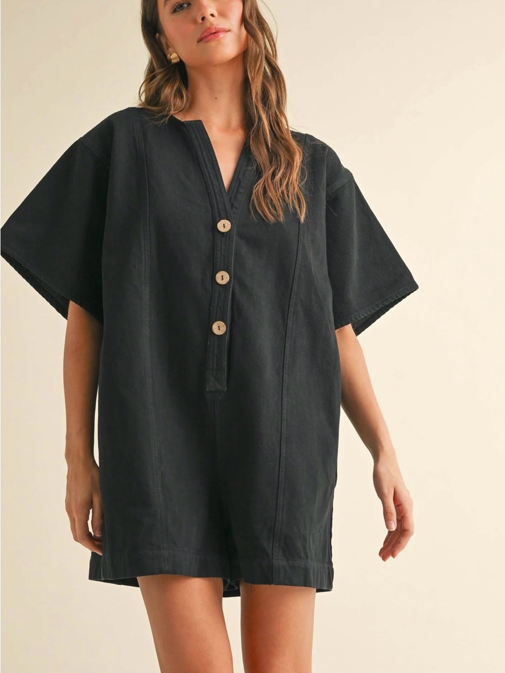 Casual Black Short Sleeve Romper with Button Placket - Picture 4 of 4